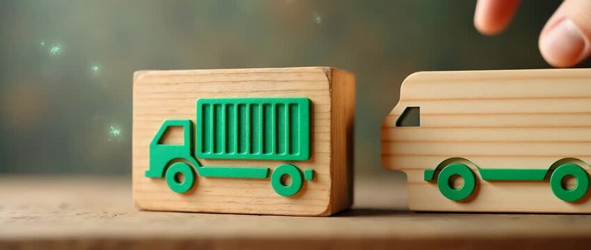 A wooden block displays a green logistics icon symbolizing sustainable transport, emphasizing clean energy and the global commitment to net-zero carbon emissions in shipping.