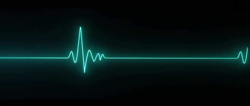 A glowing electrocardiogram line pulses rhythmically across a dark background, with a slow pan capturing its steady movement in a cinematic, high-tech style.