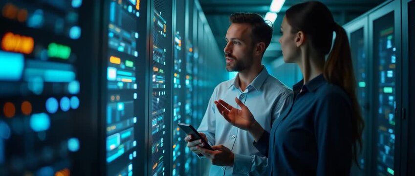 Two IT engineers engage in a discussion about technical details in a bustling data center, with visualizations of internet connectivity in the background, ensuring areas of copy space are well utilize