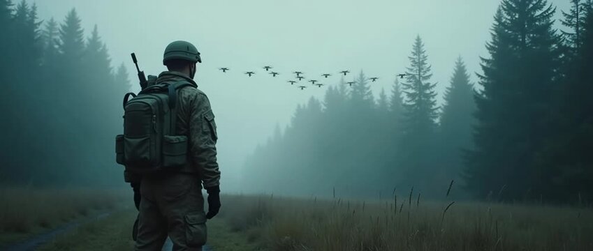 A soldier in camouflage observes a drone swarm in a foggy forest setting, representing contemporary military technology, with ample copy space for any caption needed.