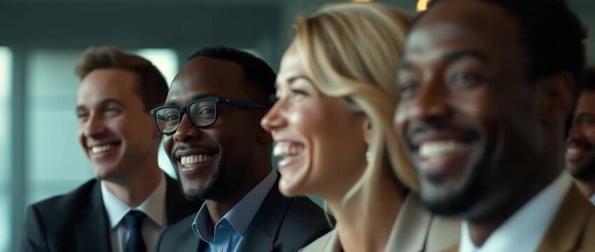 Joyful audience in business attire laughing together, as the camera slowly pans across a modern conference room with dynamic lighting and a cinematic, professional atmosphere.