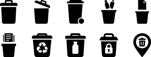 Premium Black Glyph Trash Can and Recycle Bin Icon Pack Vector Collection for UI Design Web and Mobile App Waste Management Interface Symbol Set