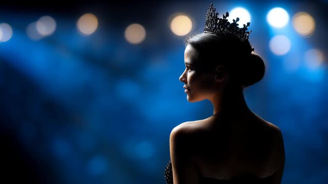 Poised woman with crown exudes grace and strength in captivating spotlight moment awaiting audience admiration