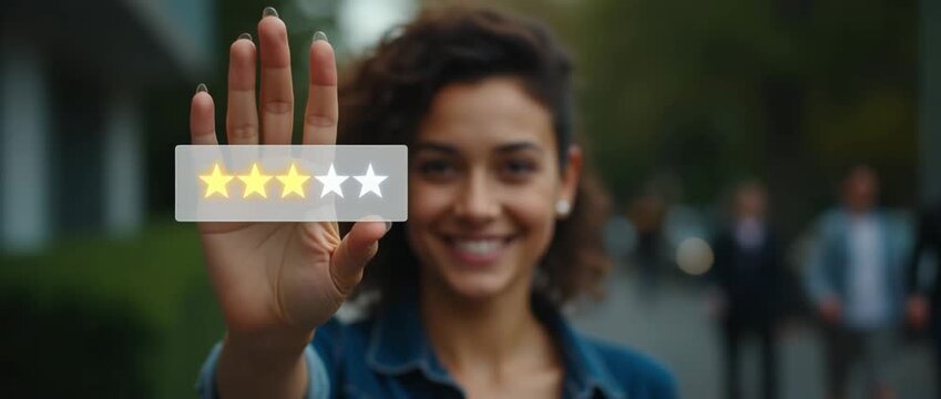 An individual gestures positively with a hand showing a five-star rating icon for feedback, setting an engaging scene that showcases the importance of review systems.
