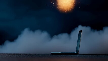 Innovative laptop launches rocket creating sparks and smoke, representing creativity and limitless potential in technology