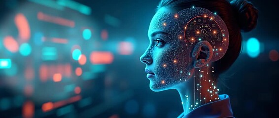 Cinematic side profile of a futuristic woman with digital interfaces glowing on her skin, as ambient lights flicker softly; camera pans slowly to reveal a high-tech, digital environment.