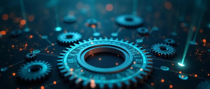 A seamless representation of business process integration with interconnected gears and pathways while providing an open area for copy space for branding.