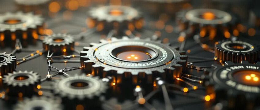 A seamless representation of business process integration with interconnected gears and pathways while providing an open area for copy space for branding.