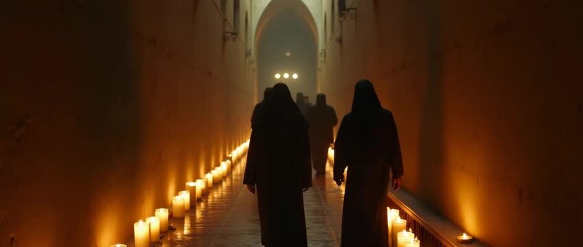 Monks in dark robes walk slowly through a candlelit corridor, their shadows flickering; the camera gently pans to reveal a mysterious, atmospheric scene, cinematic and serene.