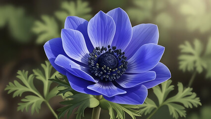 A beautiful macro of a bee on a purple and blue cosmos flower blooming in the summer garden