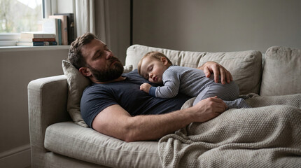 Toddler touching father&rsquo;s foot while he rests on bed. Realistic parenting scene showing exhaustion, closeness and everyday family life