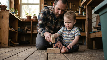 Father gently helping toddler explore wooden tools at home. Educational parenting moment showing guidance, trust and early childhood development