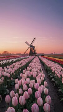 Stunning Sunrise Over Pink Tulip Fields with Traditional Dutch Windmill in Holland