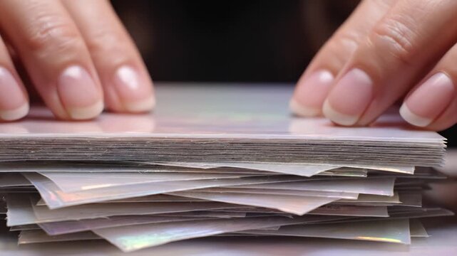 Hands sorting through stack of cards