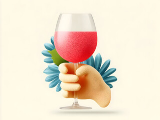 Minimalist illustration of a woman's hand holding a glass of red wine against a light background, representing celebration, luxury, or a sophisticated lifestyle
