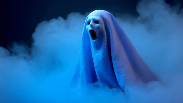 Mysterious blue ghost apparition in a misty landscape evokes fear and curiosity in ethereal scene