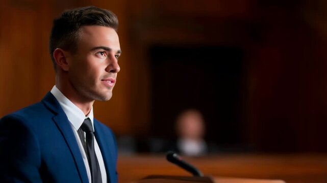 Young man delivers powerful statement in courtroom, showcasing the essence of justice and determination