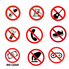 Icons showing prohibited items and restricted objects for safety regulations, security checks, and rule enforcement.