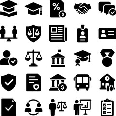 Premium Solid Black Glyph Icons Vector Pack for Legal Finance Education and Business Management Projects and Corporate User Interface Design