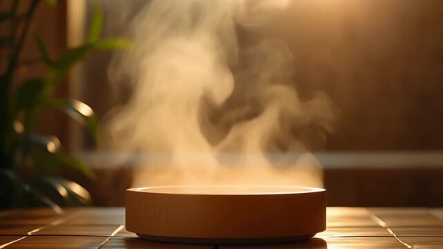 A wooden bowl emitting a gentle plume of steam, illuminated by warm, soft light.