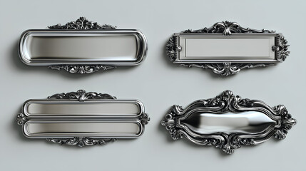 Shiny silver badge and label pack with luxury metallic frames, polished chrome accents, and refined decorative ornaments ideal for premium product packaging and high-end brand visuals