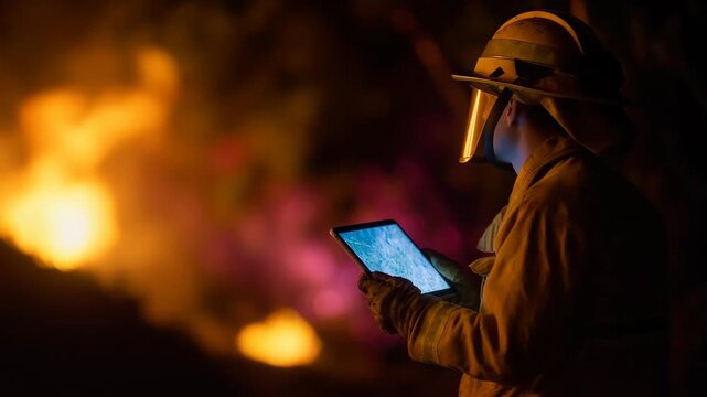 Brave firefighter uses tablet to combat raging fire, showcasing resourcefulness in emergency response