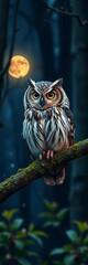Obraz premium A wise owl perches on a moss-covered branch, its large eyes scanning the moonlit woods, nocturnal, owl