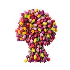Female profile silhouette made of colorful tulip flowers bouquet, creative art concept for International Women's Day, isolated on transparent or white background, png