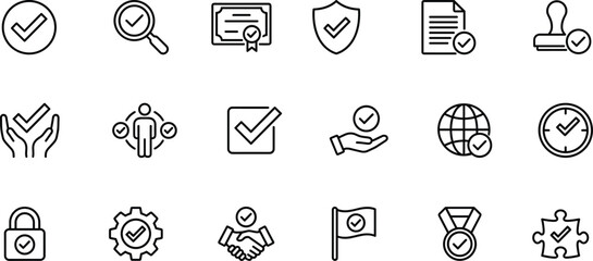 Set of 18 black line icons for verification, approval, and certification including security, trust, and completion symbols © Roisul
