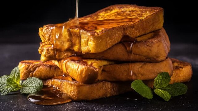 Golden french toast with syrup drizzled on a dark background