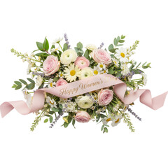 Delicate spring flower bouquet with roses and daisies decorated with a pink "Happy Women's Day" ribbon, isolated on transparent or white background, png