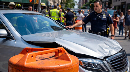Police officer managing aftermath of vehicle collision on city street