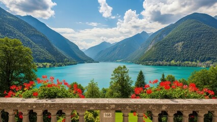 Scenic view of lake with mountains and flowers