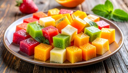 Colorful Cubes of Fruit Jelly Candy on a Plate.