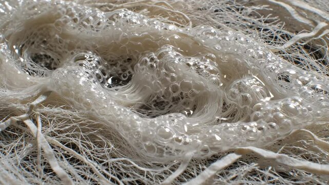 Closeup of tangled fibers with water