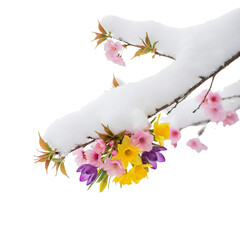 Spring flowers and cherry blossoms emerging through a layer of fresh snow on a branch isolated on transparent or white background, png