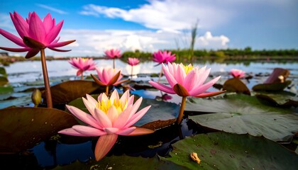 Beautiful Pink Water Lilies Blooming in a Serene Lake Under a Cloudy Sky.
