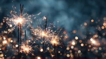 Silvester, New Year's Eve, new years eve, Festival Party New Year, new years eve Fireworks background banner panorama - firework and sparklers on rustic dark blue night sky texture