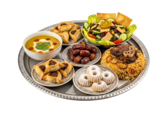 indian festive platter with biryani curry samosa platter and desserts on a metal tray