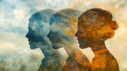 Surreal Portrait of a Woman with Multiple Faces, Mental Health Concept