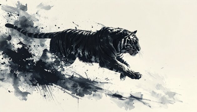 A brush-drawn ink painting of a dynamic tiger　筆で描いた躍動する虎の墨絵