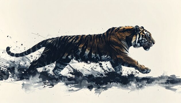 A brush-drawn ink painting of a dynamic tiger　筆で描いた躍動する虎の墨絵