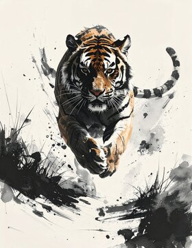 A brush-drawn ink painting of a dynamic tiger　筆で描いた躍動する虎の墨絵