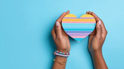 Fototapeta premium Hands Holding Rainbow Heart on Blue Background, LGBTQ Pride, Love, Equality and Diversity Concept with Copy Space