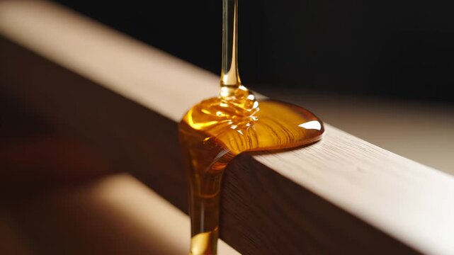 Honey flowing on wooden surface