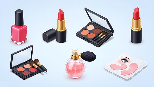 nail polish and lipstick, set of cosmetic products, Different beauty makeup cosmetic product 3D style icon set vector illustration bundle collection. Makeup palette, lipstick, perfume bottle, eye patc