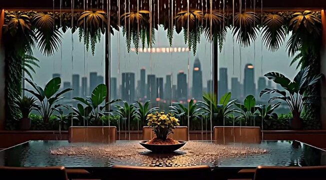 Modern interior with lush green plants, offering a breathtaking city skyline view at night; a sophisticated and tranquil urban retreat
