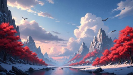Serene winter landscape with red trees and snowy mountains