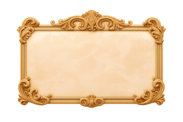 Ornate gold wooden frame with a blank space for text, displaying baroque scrollwork and flourishes on a transparent background