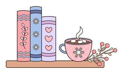 Winter bookshelf and holiday mug illustration, Winter books, Christmas bookish aesthetic, Book lover sticker, Cozy reading, Bookstore Holiday Graphic.